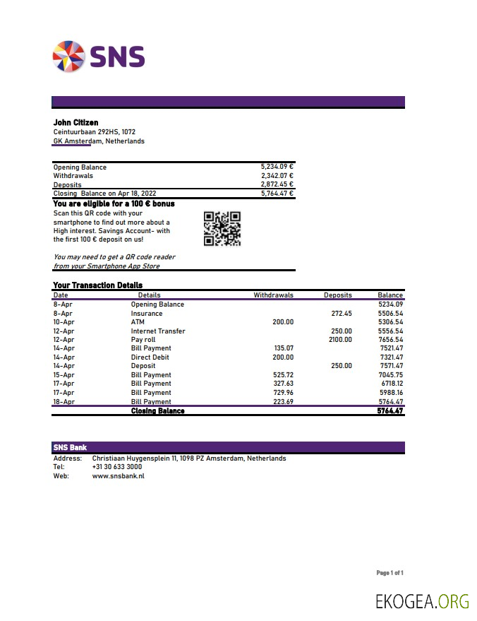 Relevé bancaire SNS des Pays Bas